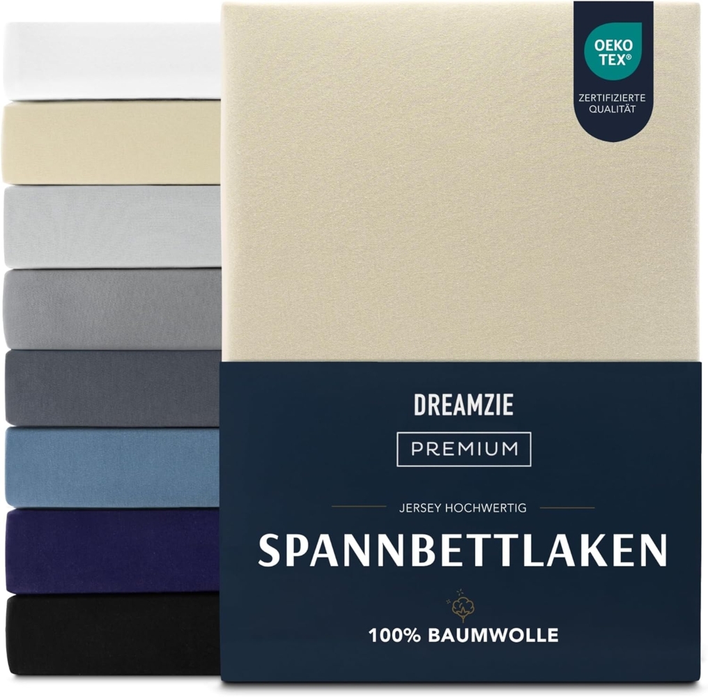 Dreamzie Premium Spannbettlaken 140x200 cm, Spannbetttuch für Dicke Matratzen bis zu 22 cm, Bettlaken 100% Jersey Baumwolle, 150 g/m², Oeko-TEX Zertifiziert - Beige Bild 1