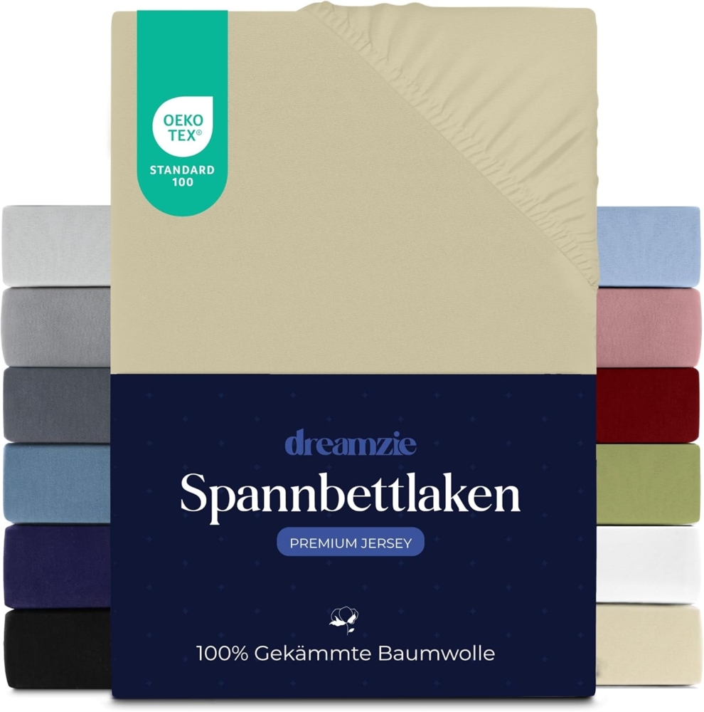 Dreamzie Premium Spannbettlaken 140x200 cm, Spannbetttuch für Dicke Matratzen bis zu 22 cm, Bettlaken 100% Jersey Baumwolle, 150 g/m², Oeko-TEX Zertifiziert - Beige Bild 1