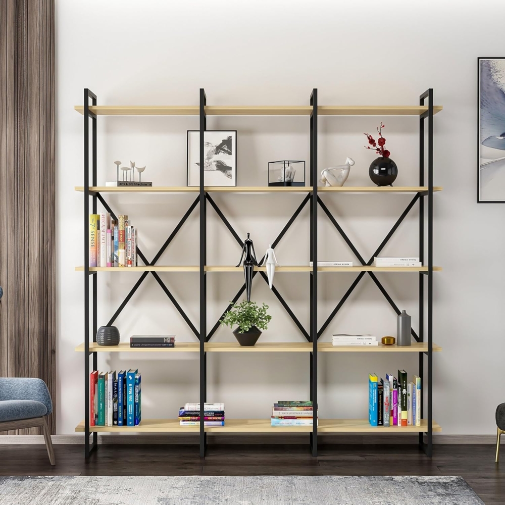 Hanah Home Stylish Wall-Mounted Bookshelf, Black & Oak, 180 x 34 x 180 cm | 100% Melamine Coated Particle Board, 18 mm Thick | Ample Shelves for Modern Spaces Bild 1