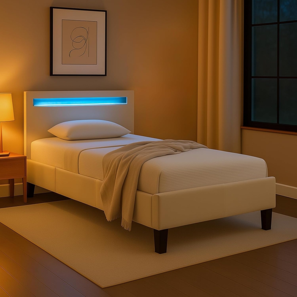 IDIMEX Polsterbett BAGO, Jugendbett mit LED Beleuchtung & Lattenrost Samtbezug cremeweiß Bild 1