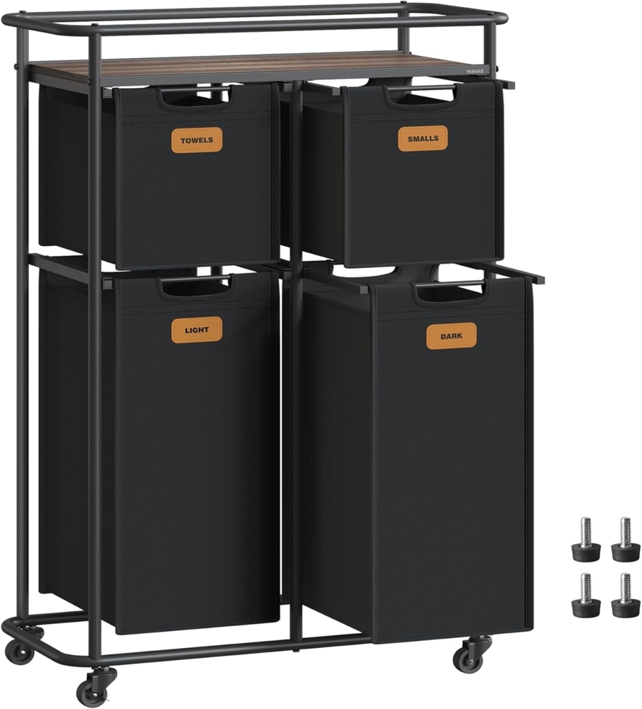 VASAGLE Wäschesortierer, Wäschetrenner mit Rädern, 150 L, Wäschekörbe, beweglicher Wäschewagen mit Ablage, 4 abnehmbare Taschen, 6 Etiketten, tintenschwarz-kastanienbraun Bild 1