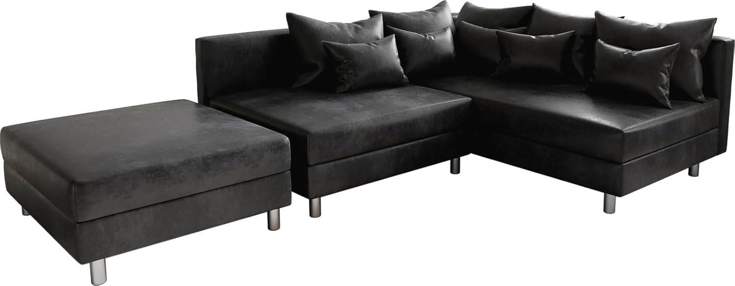 Eckcouch Clovis Anthrazit Antik Optik mit Hocker Ottomane Rechts Ecksofa Modular Bild 1