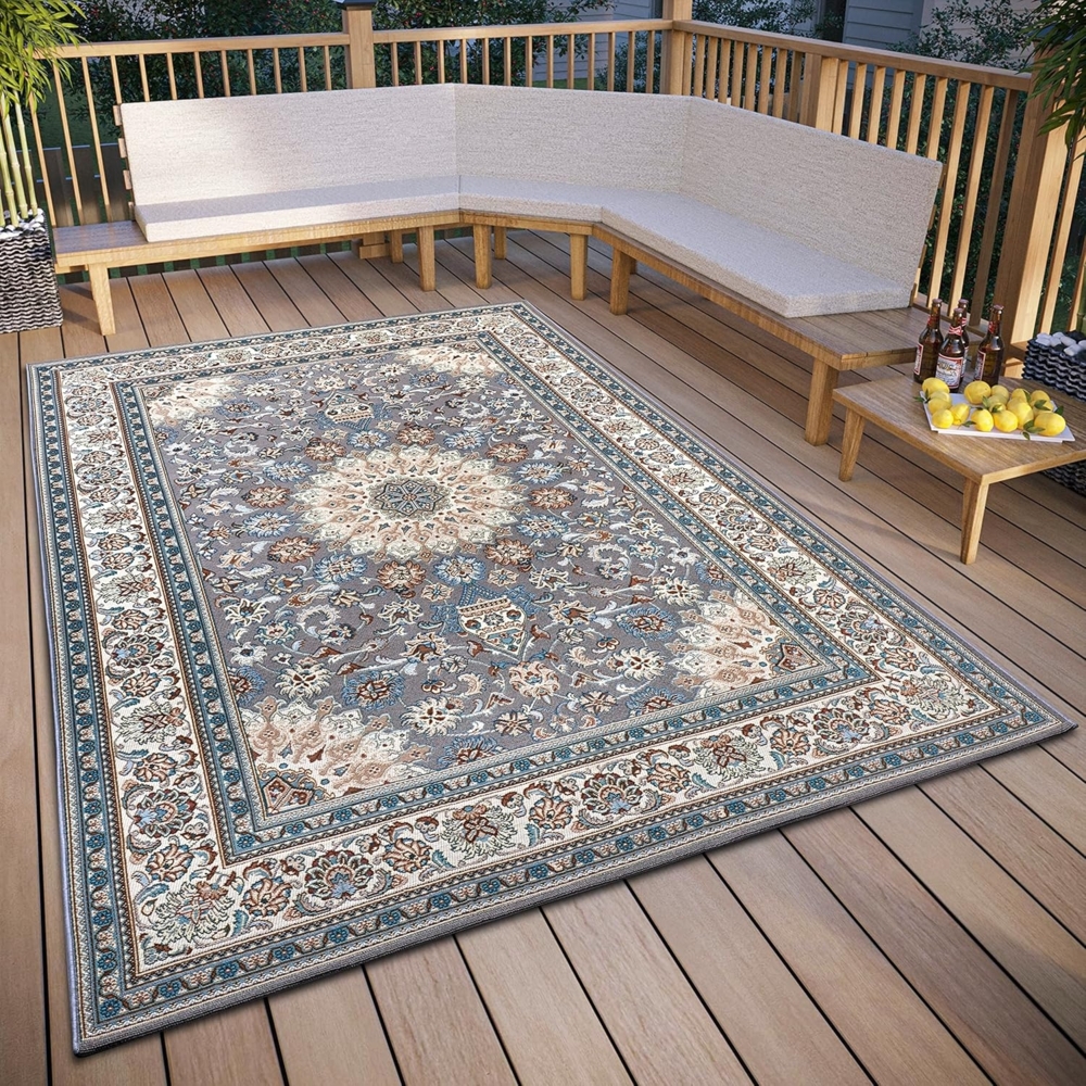 Hanse Home Kadi In- & Outdoor Teppich Orientalisch – Orient Flachgewebe, Orientalisches Design Klassisch, ÖKO-TEX Wetterfest & UV-beständig für Balkon, Terrasse, Garten – Grau Creme, 200x285 cm Bild 1