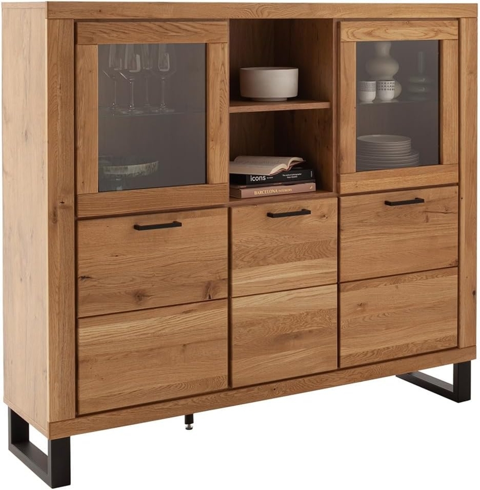 Lomadox Highboard KUMASI-06, 159 cm breit, Eiche massiv geölt, Metallfüße und -griffe Bild 1