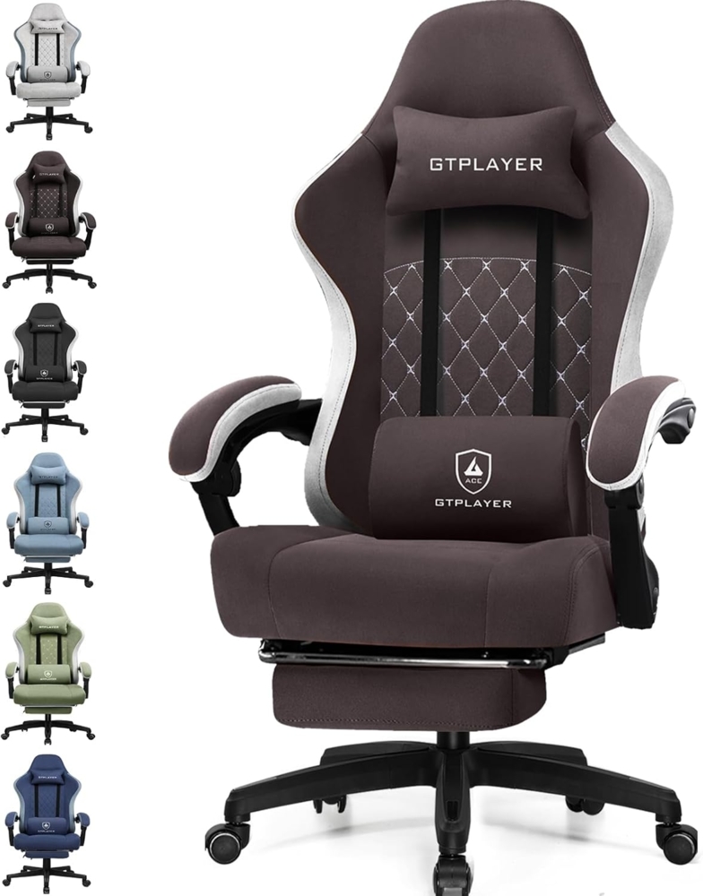 GTPLAYER Gaming Stuhl Ergonomischer Gaming Sessel Schreibtischstuhl mit Stoffoberfläche, Federsitzkissen, Verbindungsarmlehnen und Fußstütze braun Bild 1