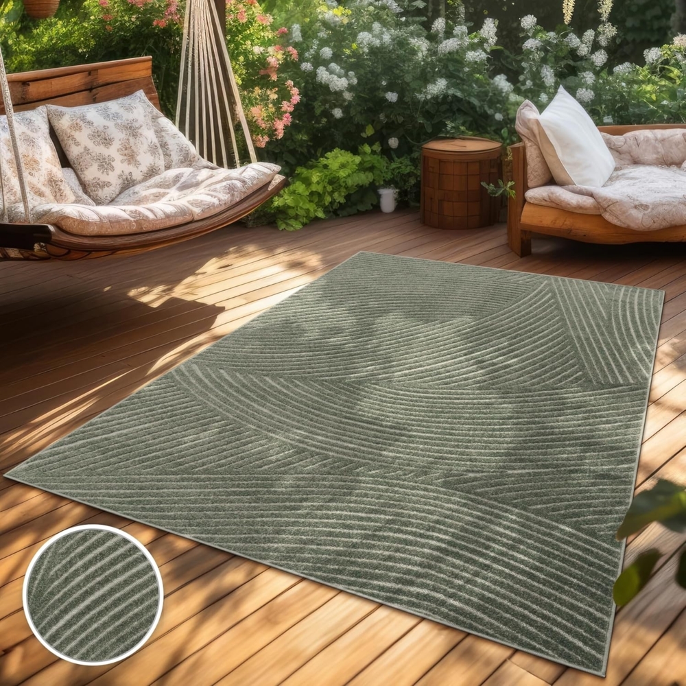 Paco Home Teppich In- & Outdoor, Moderne abstrakte Boho Designs mit 3D Struktur, robust & wetterfest, ideal für Terrasse Wohnzimmer & Küche, Grösse:120 cm Rund, Farbe:Grün 2 Bild 1