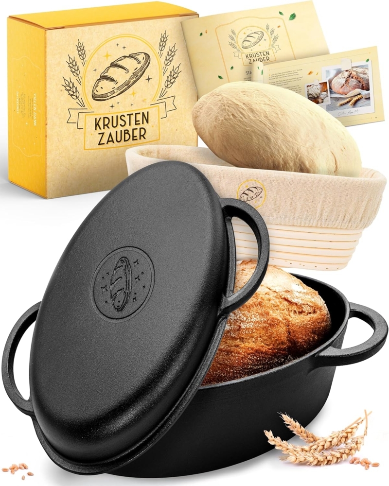 Krustenzauber Brotbackform 34cm Gusseisen Bräter mit Deckel backofengeeignet inkl. Gärkorb, (ovaler Gusseisen Topf Brot Backen - Ideal als Ofenform), Bräter Induktion, Brotbacktopf, Brot Backen Zubehör Bild 1