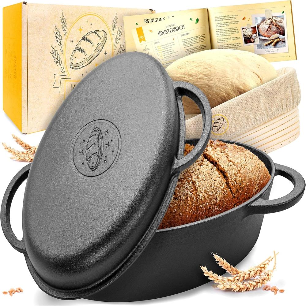 Krustenzauber Brotbackform 34cm Gusseisen Bräter mit Deckel backofengeeignet inkl. Gärkorb, (ovaler Gusseisen Topf Brot Backen - Ideal als Ofenform), Bräter Induktion, Brotbacktopf, Brot Backen Zubehör Bild 1