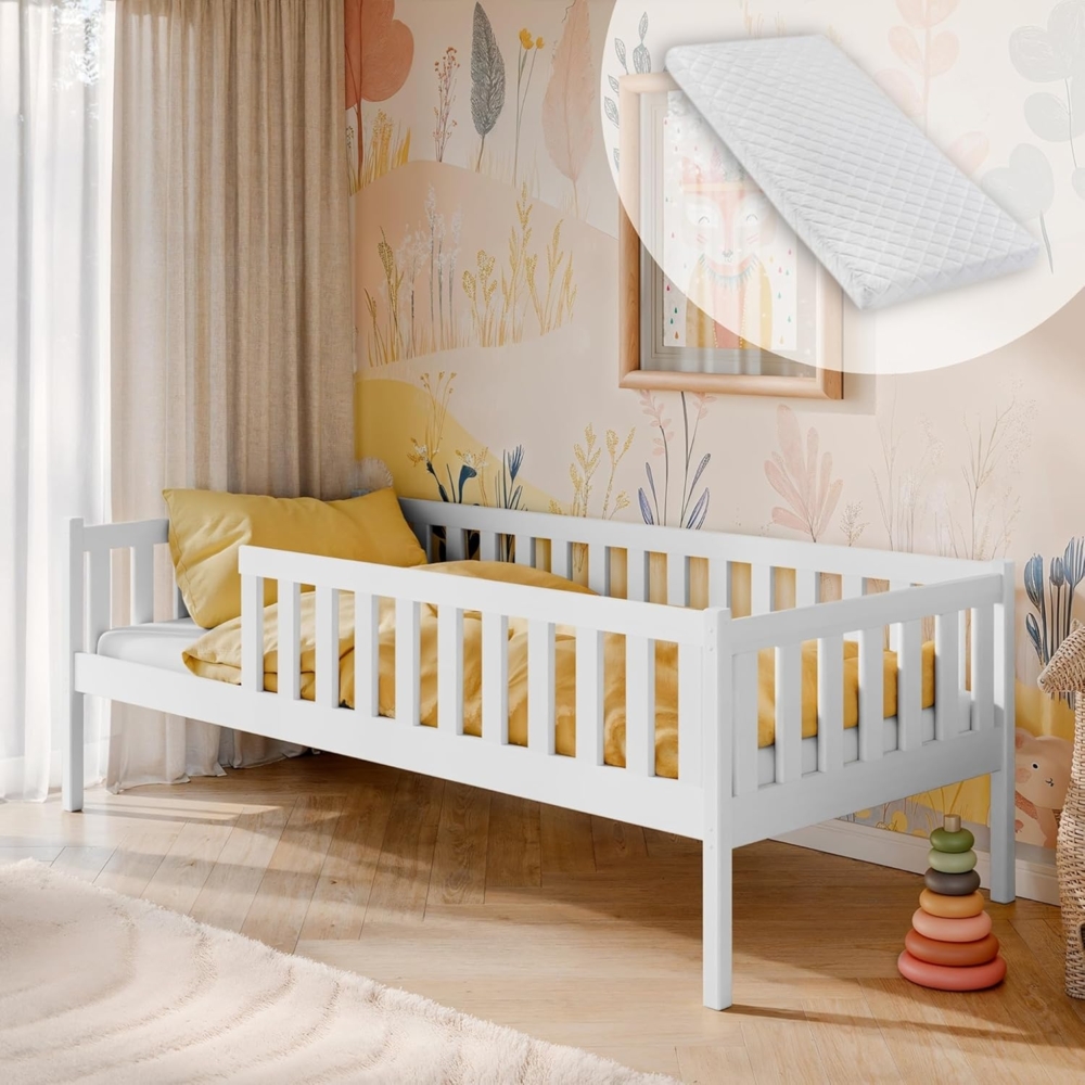 Kids Collective Kinderbett mit Rausfallschutz, Lattenrost und optionaler Matratze, Kinder Bett, 80x160 cm: von 3. bis 10. Lebensjahr, weiß, mit Matratze Bild 1