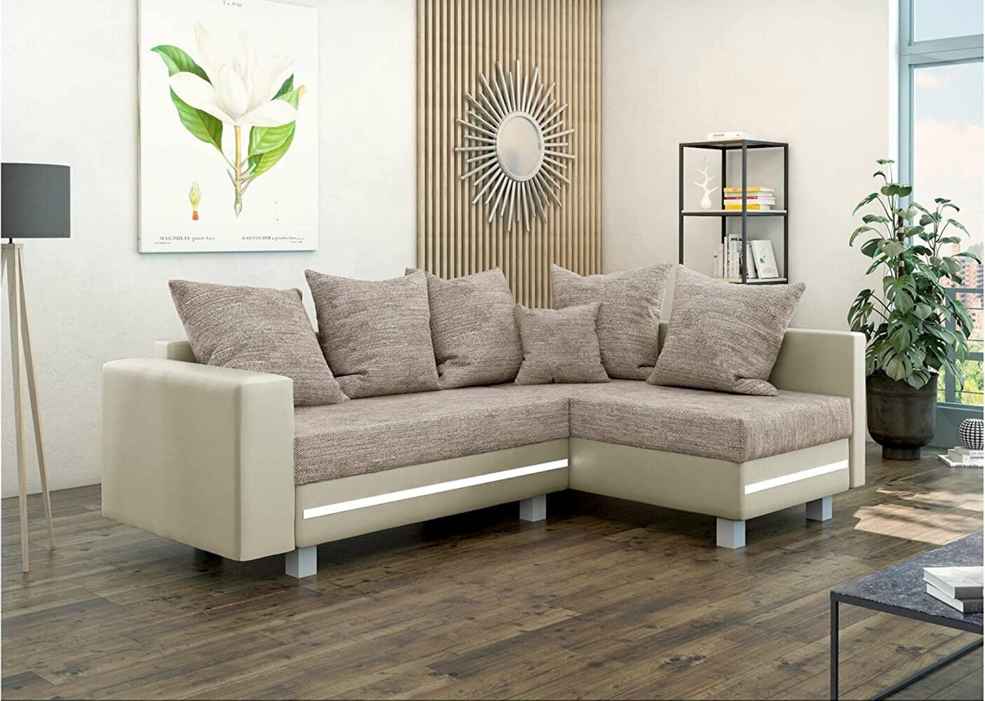 Stylefy Morgan Ecksofa Strukturstoff BERLIN Kunstleder MADRYT Hellbraun Beige Rechts Bild 1