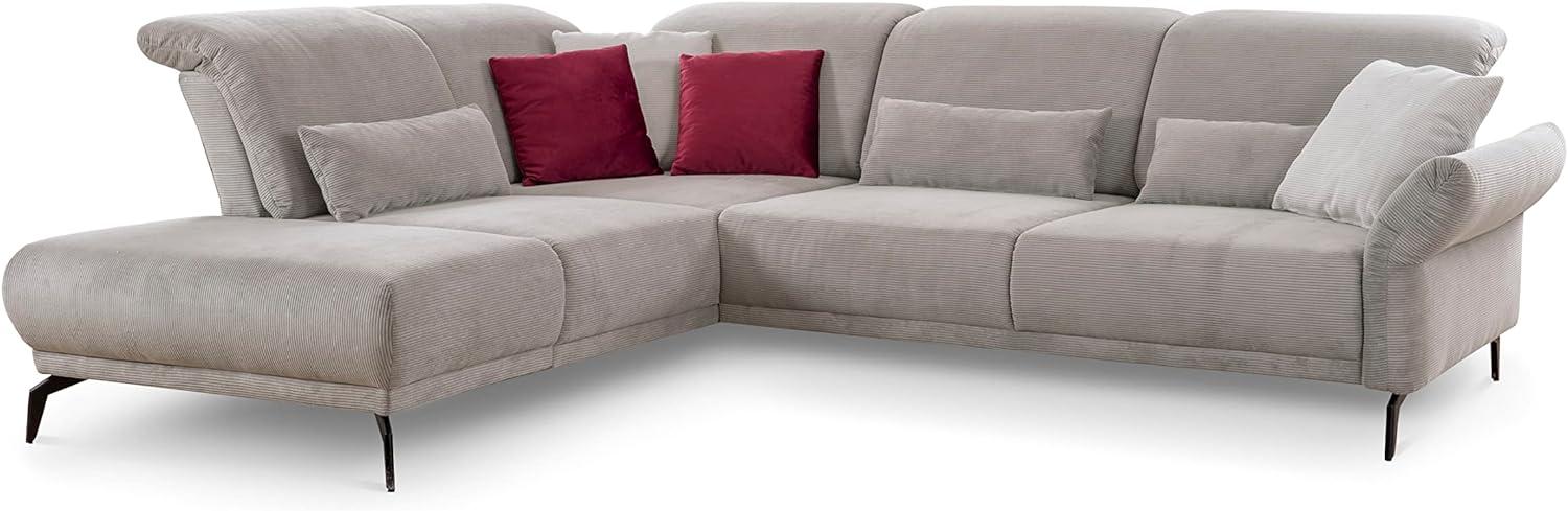 CAVADORE Ecksofa Cooper / Luftige Eckcouch mit Ottomane links, schwarzen Metallfüßen und feinem Cord-Bezug / 294 x 88 x 242 / Cord, Hellgrau Bild 1