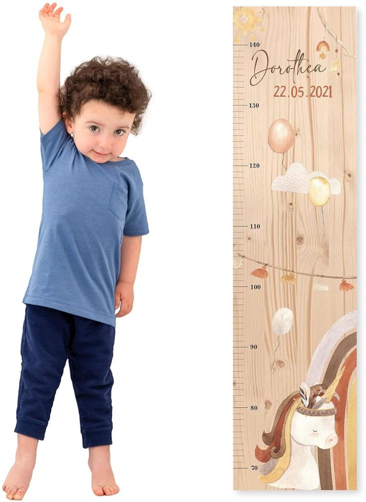 Kinder Messlatte BOHO Einhorn mit Namen aus Holz für Kinderzimmer mit süssen Motiven Messleiste Bild 1