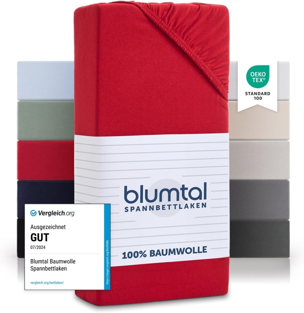 Blumtal® Basics Spannbettlaken 80x200 cm Jersey - Bettlaken 80x200 cm aus 100% Baumwolle - Oeko-TEX zertifiziertes Spannbetttuch 80x200 cm - Matratzenbezug 80x200 cm - Leintuch - Bettbezug - Rot Bild 1