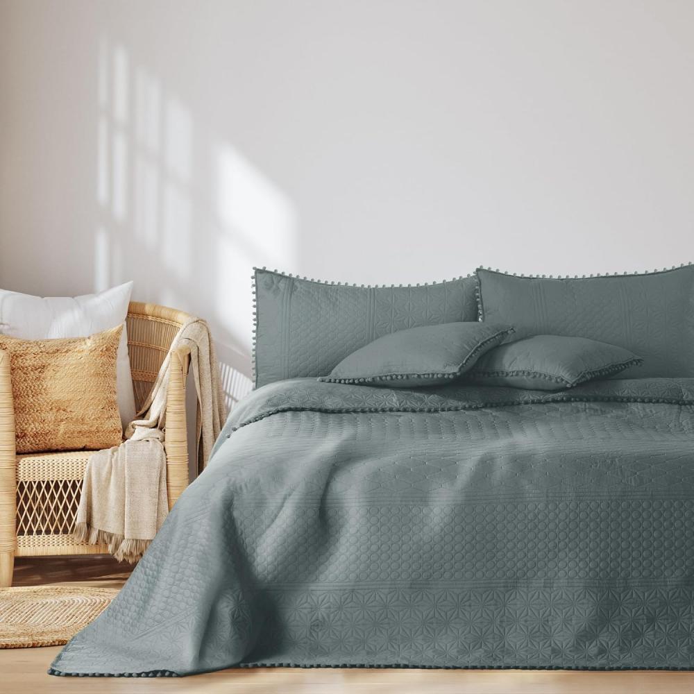 AmeliaHome Tagesdecke mit Pompons 220x240 cm Bettüberwürf zweiseitig Ultrasonic Steppung Polyester Meadore Grau Bild 1