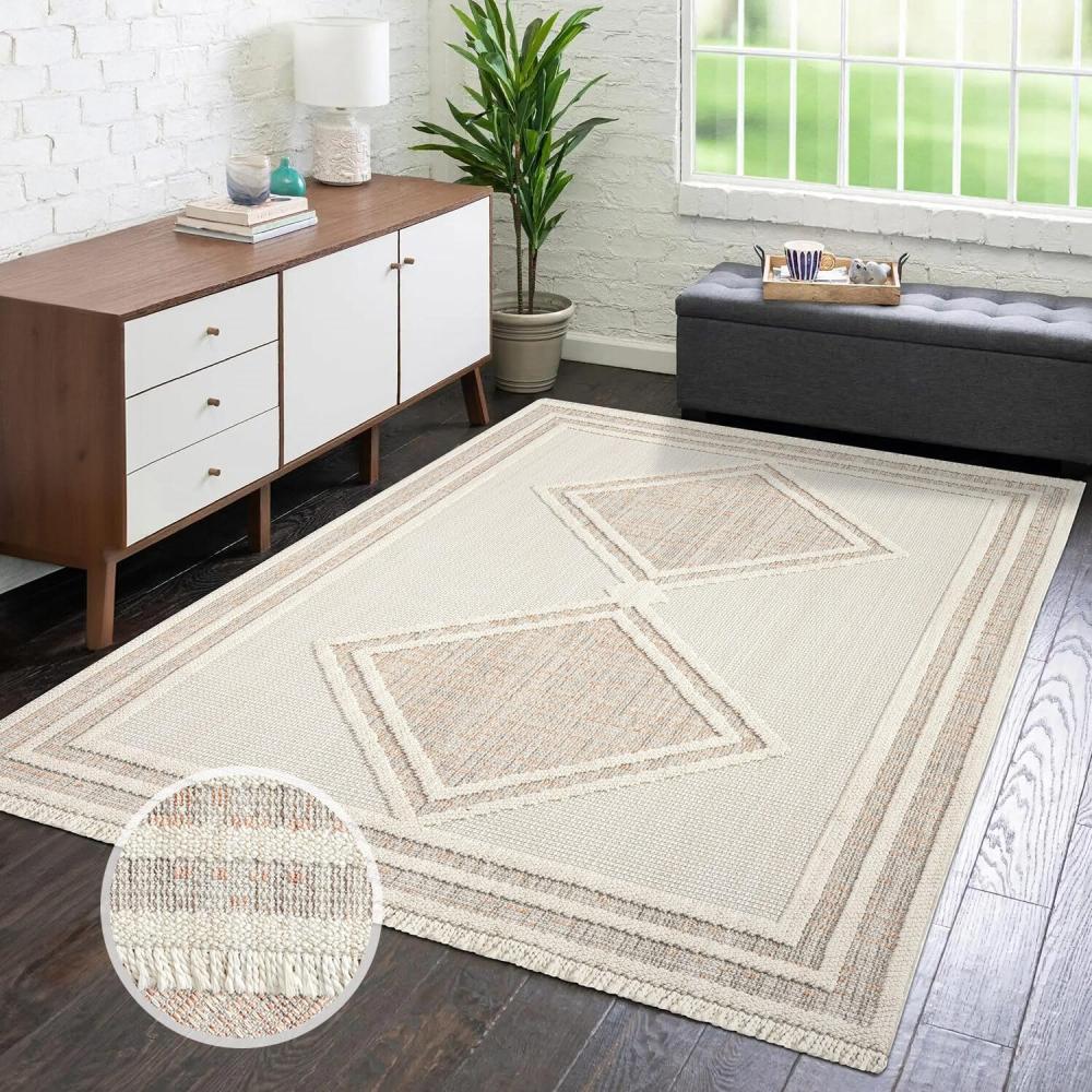 carpet city Teppich Kurzflor Wohnzimmer - Terracotta - 160x230 cm - Teppiche Fransen Boho-Style - Raute-Optik - Schlafzimmer, Esszimmer Bild 1