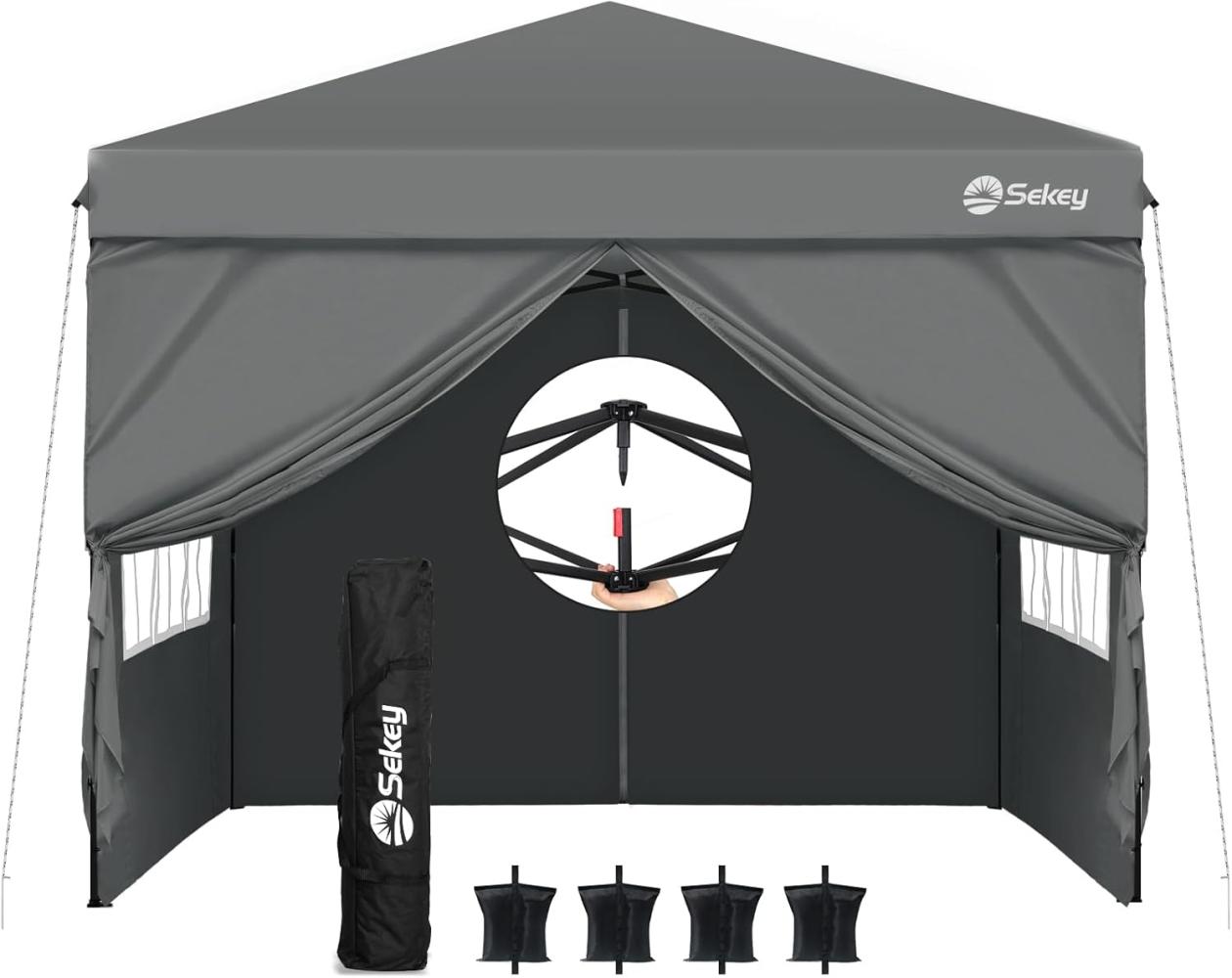 Sekey Pavillon 3x3 mit 4 Seitenteile, Faltpavillon Wasserdicht Stabil Winterfest, Pop Up Pavillon Faltbar für Camping, Festival, Events, Picknicks, Partyzelt Gartenzelt mit 4 Sandsäcke, Grau Bild 1