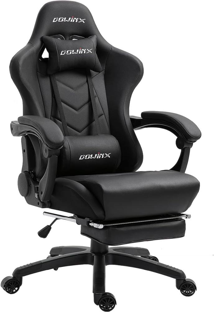 Dowinx Gaming Stuhl Ergonomischer Gamer Stuhl mit Lendenwirbelstütze, PC Bürostuhl Rückenlehne Verstellbarer Drehsessel mit Fußstütze (Schwarz) Bild 1