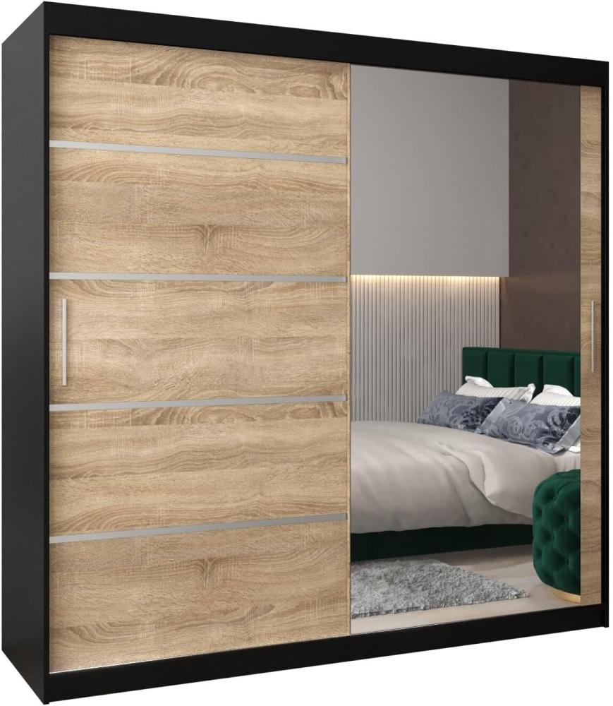 Schwebetürenschrank Verona 2-200 cm mit Spiegel Kleiderschrank mit Kleiderstange und Einlegeboden Schlafzimmer- Wohnzimmerschrank Schiebetüren Modern Design (Schwarz + Sonoma) Bild 1