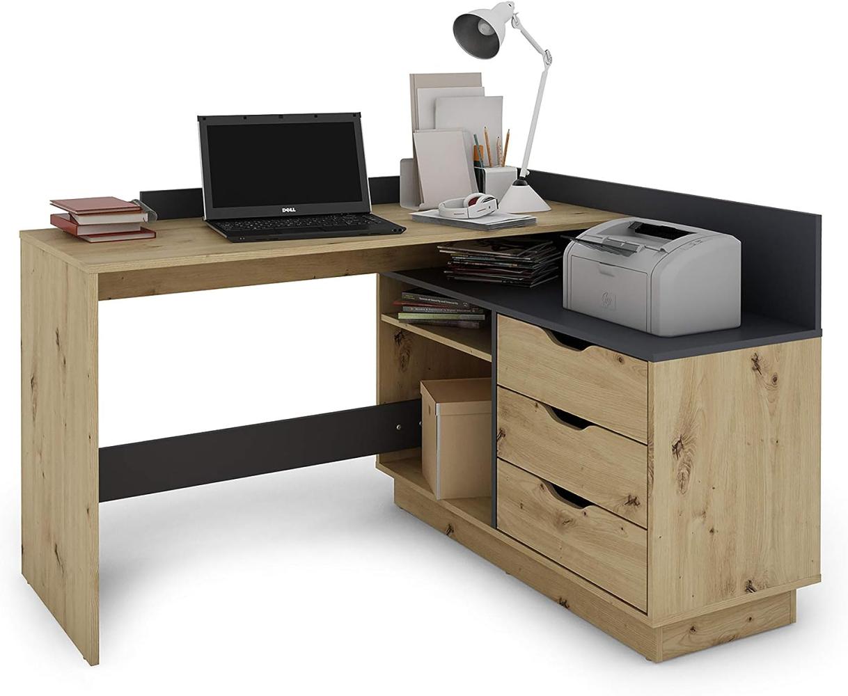 byLIVING Winkelschreibtisch BELFAST / Rechts oder Links montierbar / 3 Schubkästen / Artisan Eichen-Optik - anthrazit /Bürotisch / Eckschreibtisch / Schreibtisch / B 129, H 83,5, T 105 cm Bild 1