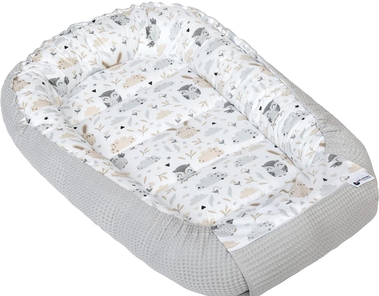 Medi Partners Babynest Kuschelnest Babynestchen 100% Baumwolle Waffle Nestchen Reisebett für Babys Säuglinge 100x60x15cm Sicherer Verschluss (Lichtung mit Grauer Waffle) Bild 1