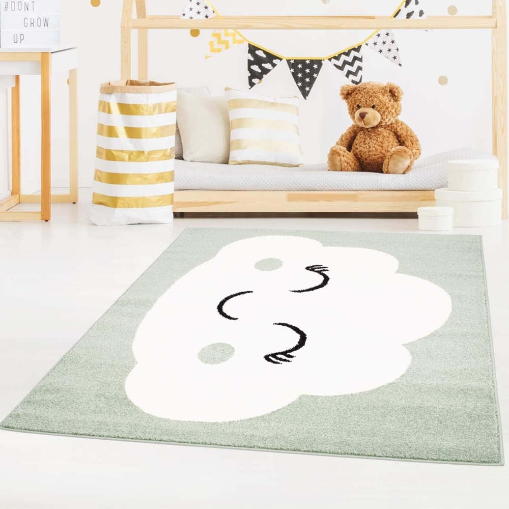 carpet city Kinderteppich Bubble Kids Flachflor mit Wolken-Motiv in Mint-Grün für Kinderzimmer; Größe: 80x150 cm, bubble-1324-green-80x150 Bild 1