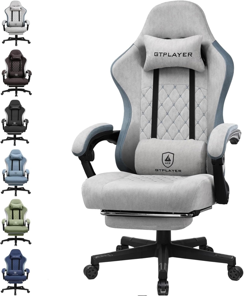 GTPLAYER Gaming Stuhl Ergonomischer Gaming Sessel Schreibtischstuhl mit Stoffoberfläche, Federsitzkissen, Verbindungsarmlehnen und Fußstütze grau Bild 1