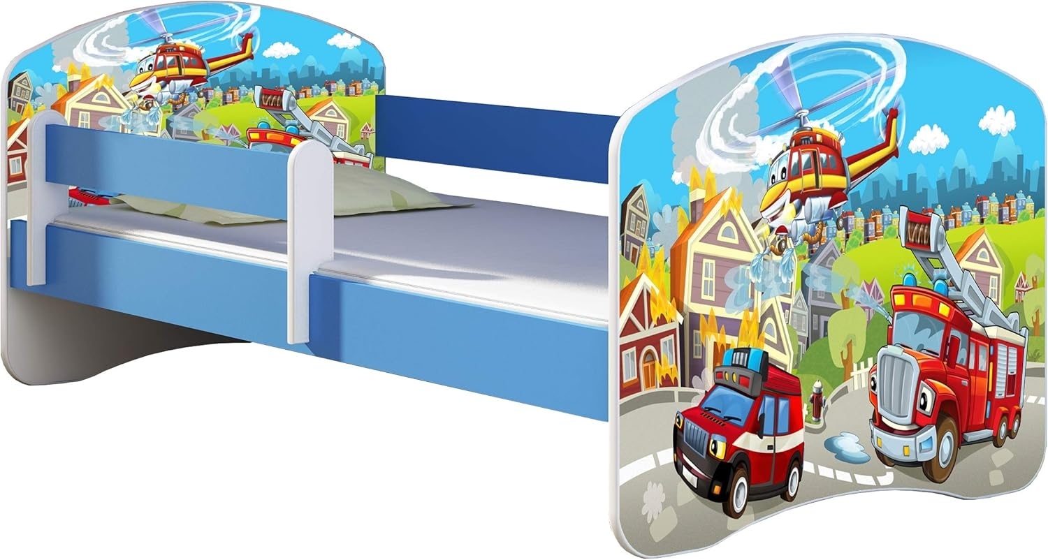 ACMA Kinderbett Jugendbett mit Einer Schublade und Matratze Blau mit Rausfallschutz Lattenrost II 140x70 160x80 180x80 (36 Feuerwehr, 140x70) Bild 1