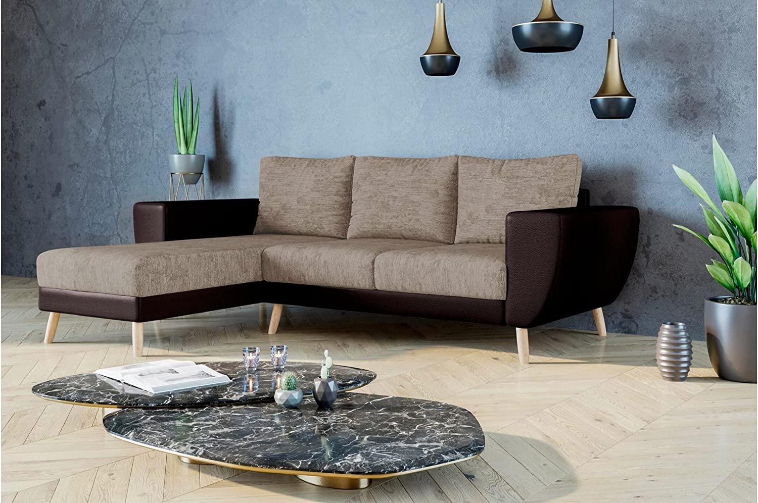 Stylefy Marco Ecksofa Strukturstoff BERLIN Kunstleder MADRYT Hellbraun Dunkelbraun Links Bild 1