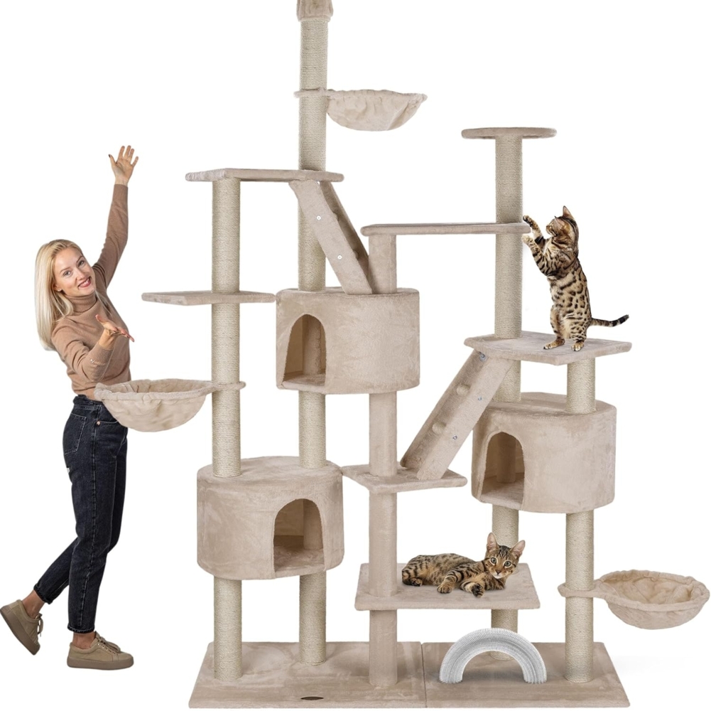 HAPPYPET Kratzbaum deckenhoch bis 260 cm Kletterbaum SIMBA - Extra breit, Häuser, Treppen, Liegemulden, großer XXL Katzenbaum Stabil für Katzen, mit 9 cm Säulen, viel Zubehör Bild 1