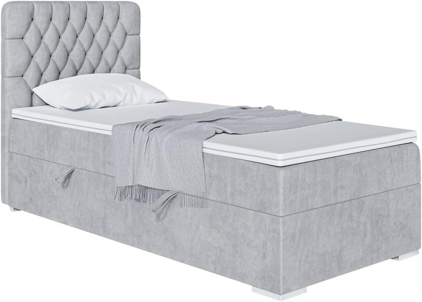 MEBLINI Boxspringbett DALIA 90x200 cm mit Bettkasten - H3/Hellgrau Samt Gepolstert Einzelbett mit Topper & Taschenfederkern-Matratze - 90x200 Rechts Bild 1