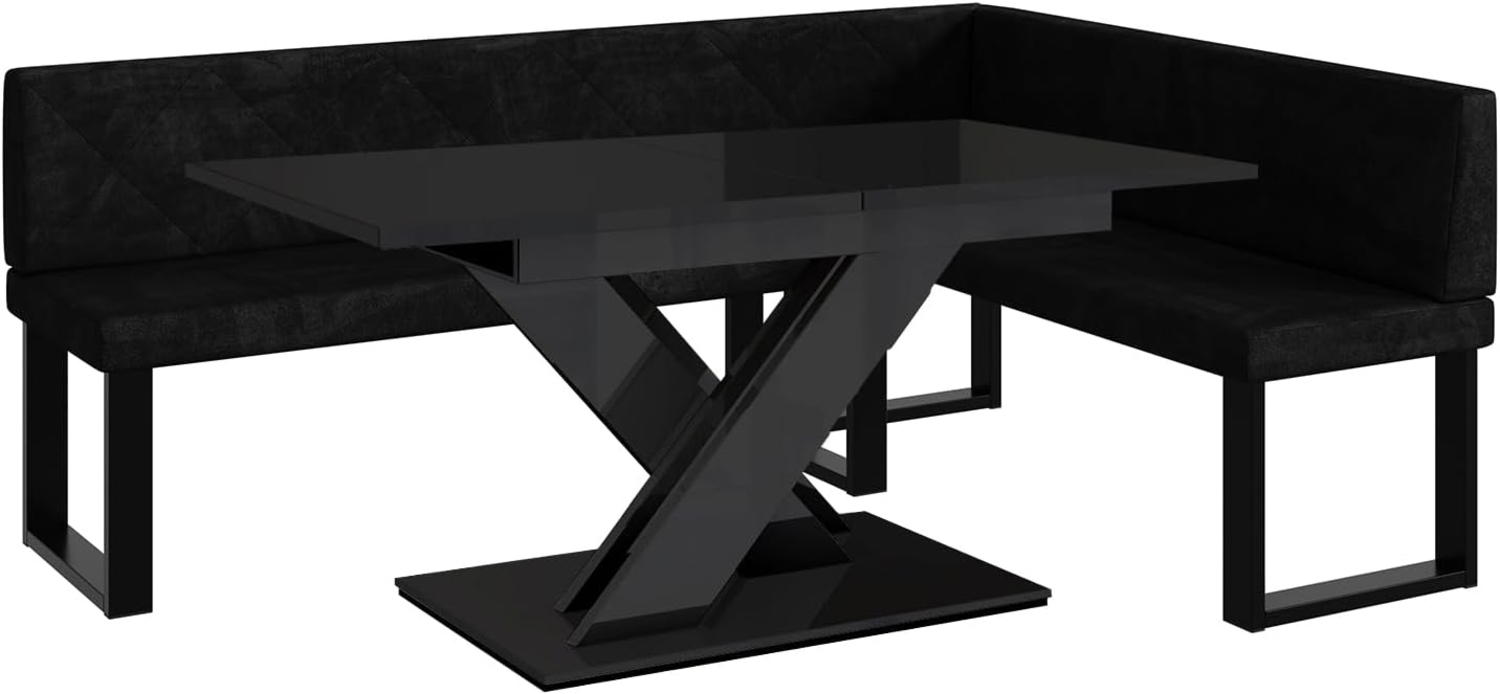 MEBLINI Eckbank für Esszimmer mit ausziehbarem Tisch - Küchenbank - Essecke - Sitzecke Küche - ERIC - U-Beine 142x196x87cm Rechts - Schwarz Samt/B Schwarz Hochgl. Bild 1