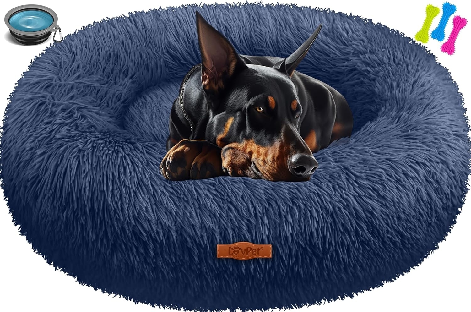 LOVPET® Hundebett Hundekissen Katzenbett Bagel, Waschbar, Inkl. Napf + 3x Kauknochen, Hundesofa flauschig Kissen Rund aus Plüsch für Kleine, Mittelgroße & Große Hunde, Katzen Navyblau, 4XL (120 x 120 cm) Bild 1