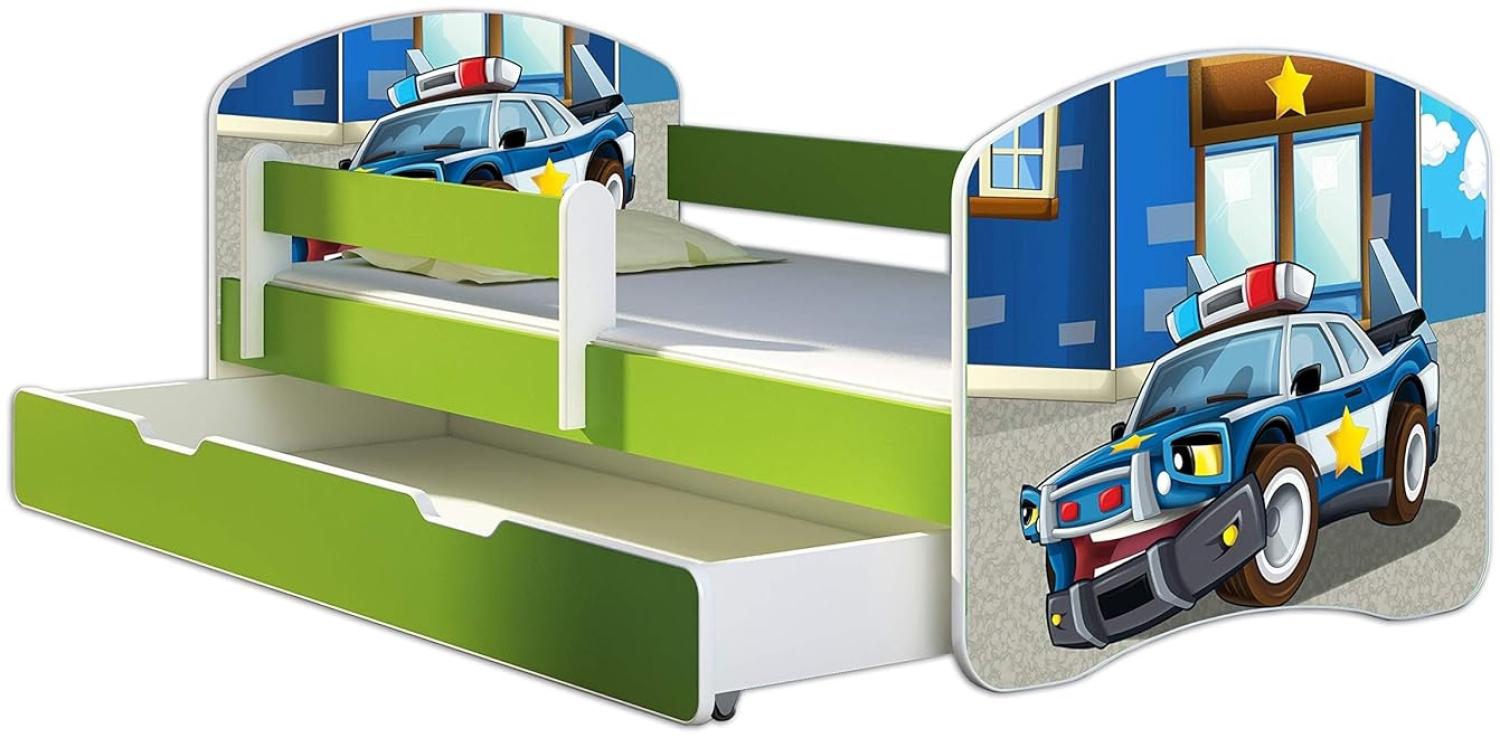 ACMA Kinderbett Jugendbett mit Einer Schublade und Matratze Grün mit Rausfallschutz Lattenrost II 140x70 160x80 180x80 (38 Polizei, 140x70 + Bettkasten) Bild 1