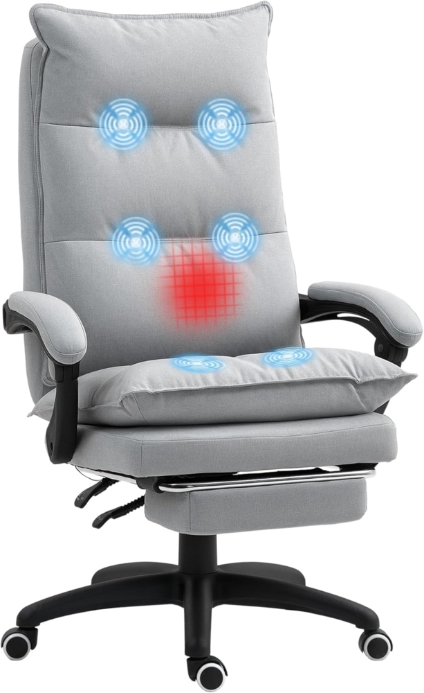 Vinsetto Bürostuhl mit Massagefunktion, Ergonomisch Schreibtischstuhl mit Liege- & Drehfunktion, Höhenverstellbar Computerstuhl mit Fußstütze, Fernbedienung und Timer, Hellgrau Bild 1