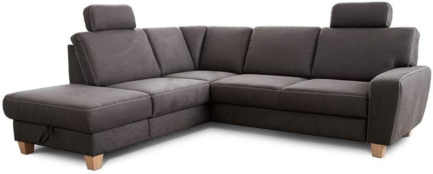 Cavadore Ecksofa Wisconsin mit Federkern / Sofagarnitur in Lederoptik mit 2 Kopfstützen / Landhausstil / Holzfüße in Buche / Mikrofaser / Größe: 248 x 88 x 215 cm (BxHxT) / Farbe: Dunkelgrau Bild 1