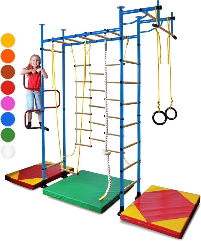 NiroSport Sprossenwand für Kinderzimmer M3 aufbau ohne bohrungen Made in Germany Holzsprossen Blau Raumhöhe 220 - 270 cm Bild 1