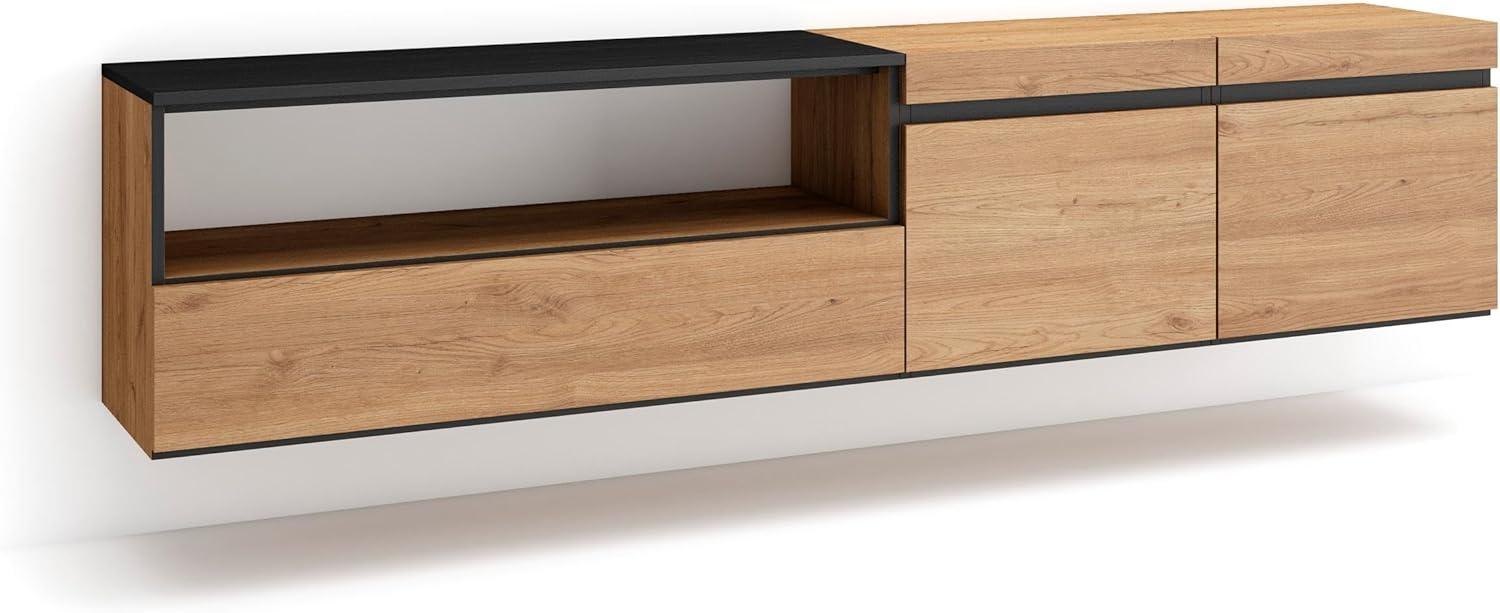 Skraut Home | TV-Schrank, Lowboard | für Wohnzimmer und Esszimmer | 200 x 45 x 35 cm | Für TV-Geräte bis zu 80" | Hängend | Moderner Stil | Eiche Schwarz Bild 1