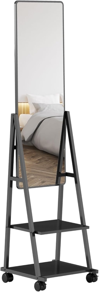 HOMCOM Standspiegel 42x155 cm, mit Ablage, mit Rolle (Wandspiegel, 1-St, Ganzkörperspiegel), für Schlafzimmer, Wohnzimmer, Schwarz Bild 1