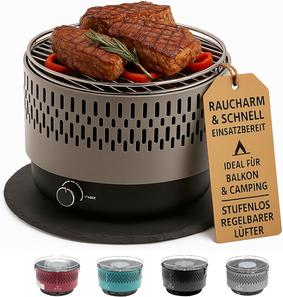 SOUK ONE Tischgrill mit Aktivbelüftung, Holzkohlegrill Grill mit Lüfter, Campinggrill BBQ Outdoor (Grau) Bild 1