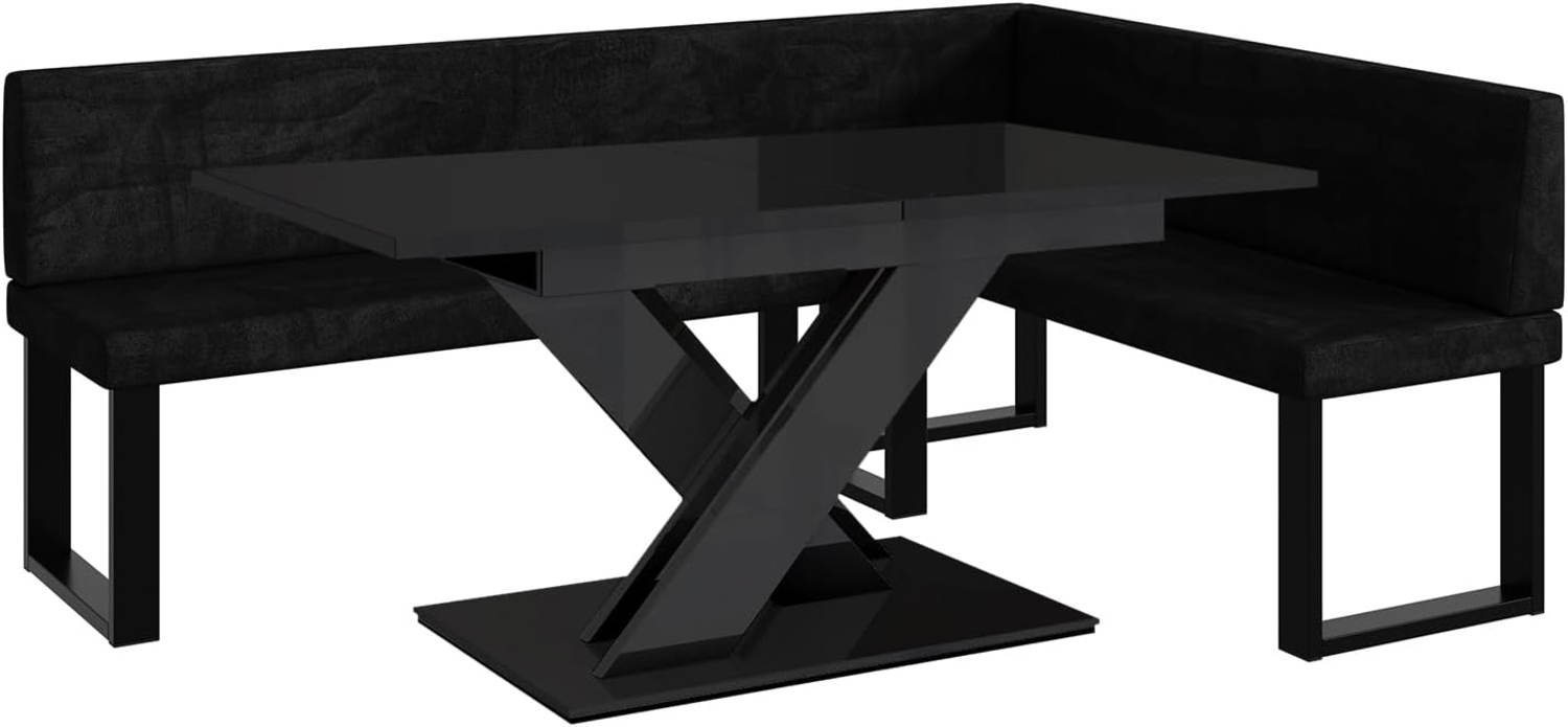 MEBLINI Eckbank für Esszimmer mit ausziehbarem Tisch - Küchenbank - Essecke - Sitzecke Küche - TONI - U-Beine 142x196x87cm Rechts - Schwarz Samt/B Schwarz Hochgl. Bild 1