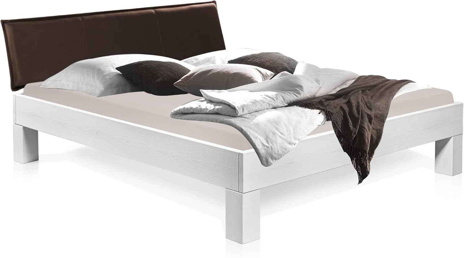 Möbel-Eins LUKY 4-Fuß-Bett mit Polster-Kopfteil, Material Massivholz, Fichte massiv weiss 200x220 cm Kunstleder Braun Bild 1