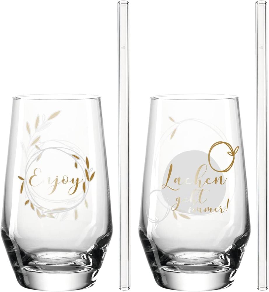 Leonardo 2 Trinkgläser + 2 Glastrinkhalme Presente Lachen, Glas, klar mit Motiv, 365 ml Bild 1