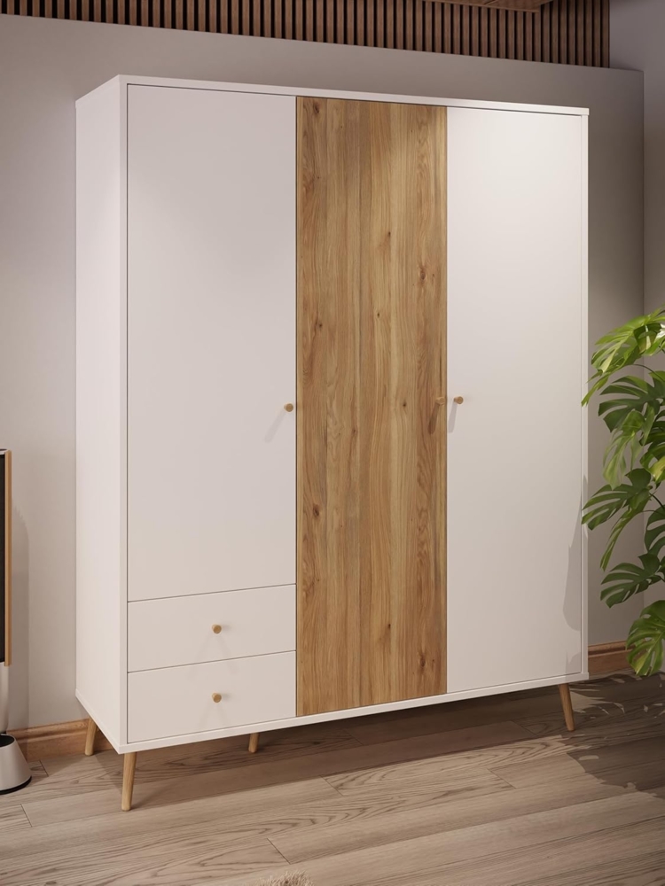 Forte EasyKlix HARLLSON Kleiderschrank Weiß mit Holzdekor: Mauvella Eiche, mit 3 Türen, 2 Schubladen, Einlegeböden und Kleiderstange, hoche Holzfüße, 154 cm breit x 202 cm hoch x 52 cm tief Bild 1