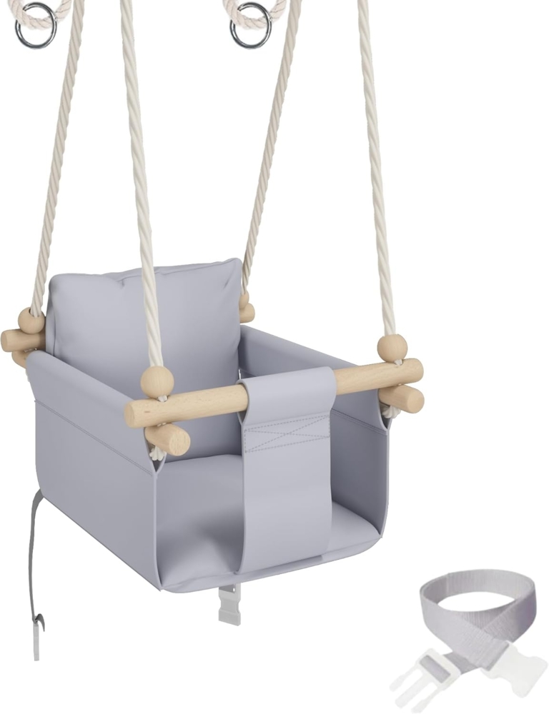 MAMOI® Babyschaukel Kinderschaukel + SICHERHEITSGURT | Höhenverstellung Decke 190-260cm | Baby Schaukel Holz | Kleinkindschaukel Hellgrau | Schaukel Kinder Indoor Outdoor | CE | 100% ECO | Made in EU Bild 1
