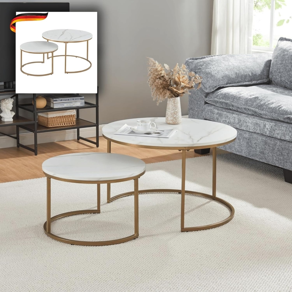 DELUKE® Couchtisch rund 2er Set RIO - Zusammenschiebbar Sofatisch rund Stubentisch Wohnzimmertisch Kaffeetisch Beistelltisch Tisch für Couch Weiß Bild 1