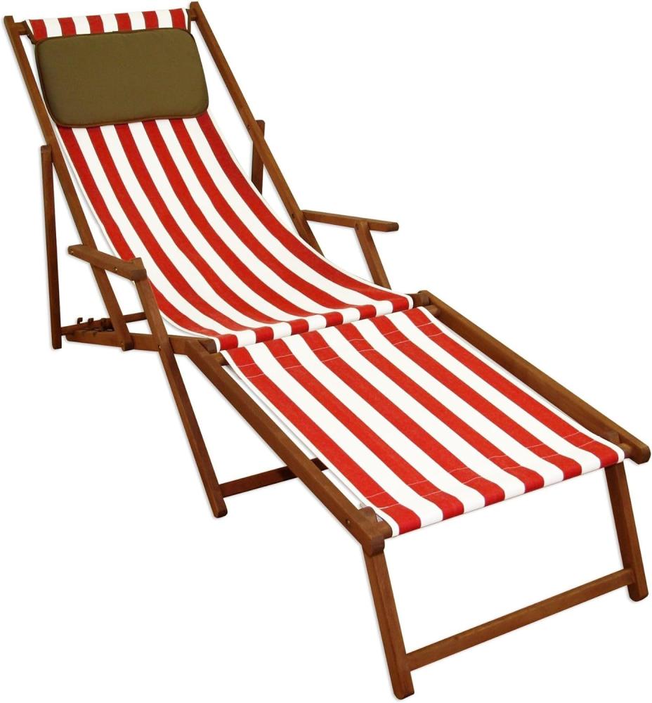 Liegestuhl rot-weiß Gartenliege Sonnenliege Deckchair Buche Fußteil Kissen klappbar 10-314FKD Bild 1