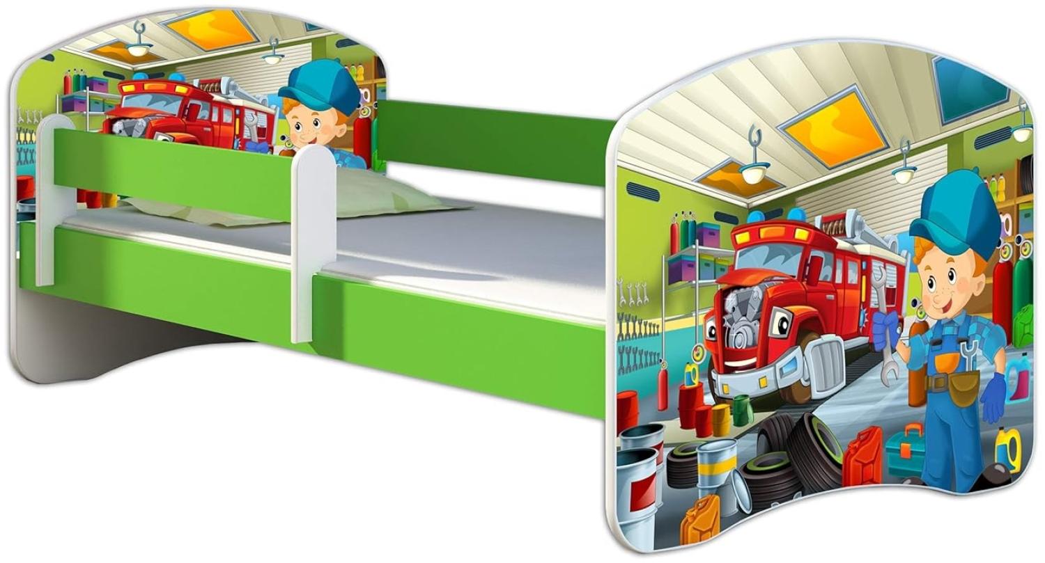 ACMA Kinderbett Jugendbett mit Einer Schublade und Matratze Grün mit Rausfallschutz Lattenrost II 140x70 160x80 180x80 (45 Mechaniker, 160x80) Bild 1