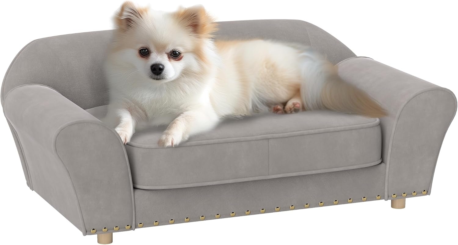 PawHut Tierbett für kleine Hunde, mit abnehmbarem und waschbarem Kissen, Polyester, mit Nietendekoration, 10 kg, Grau Bild 1