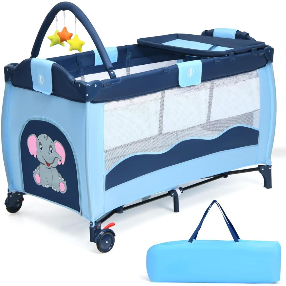 COSTWAY 3 in 1 klappbares Reisebett & Wickeltisch & Laufstall, Babybett bis 45kg belastbar, Kinderreisebett rollbar, inkl. Spielbogen, Wickelauflage und Tragetasche (Blau) Bild 1