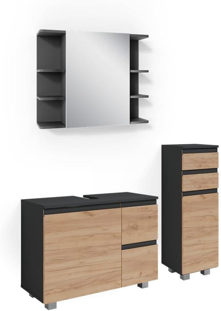 Vicco Badmöbelset J-shape Anthrazit Eiche modern Badezimmer Schrank Badschrank Waschtischunterschrank Spiegelschrank Midischrank Schranktür Schrankschublade Schrankfach Ablage Aufbewahrung Bild 1